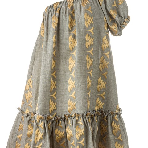 Φόρεμα λαδι υφαντό με έναν ώμο και βολάν και λάστιχο στο πάνω μέρος